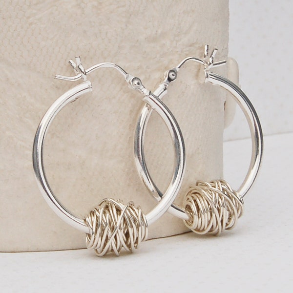 Sterling Silver Hoop Earrings with Wire Wrapped 'Entwined' Bead