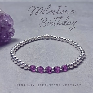 February Milestone Birthday Bracelet | 30th/40th/50th/60th/70th/80th/90th | Sterling Silver & Swarovski Crystal Birthstone Bracelet Amethyst