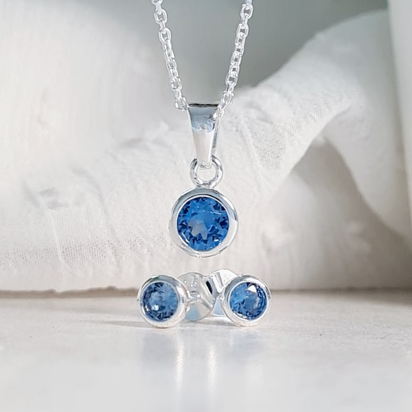 December Birthstone Necklace and Earrings Set in Sterling Silver with Cubic Zirconia in Blue Topaz | December Birthstone Jewellery Set