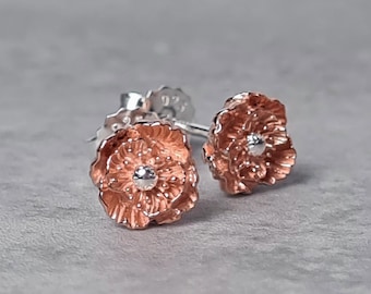 August Birth Flower Earrings, Poppy Studs in Sterling Silver Plated with Rose Gold |  August Birthday Jewellery | Floral Stud Earrings
