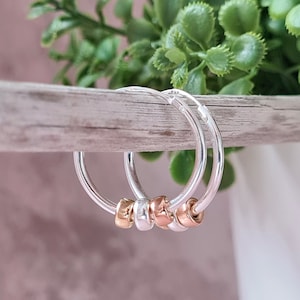 30th Birthday Sterling Silver Hoop Earrings with Three Rings in Rose Gold Filled, Sterling Silver & Yellow Gold Filled | Milestone Birthday