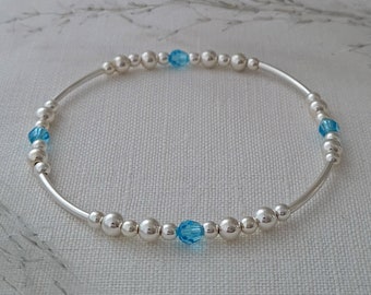 March Birthstone Bracelet in Sterling Silver with Aquamarine Crystals | March Aquamarine Bracelet | Stacking Bracelet | Birthstone Bracelet