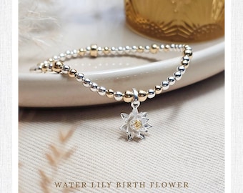 July Water Lily Birth Flower Bracelet in Sterling Silver and 14ct Gold Filled - Birthday Gift for Her