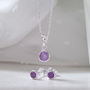 February Birthstone Necklace and Earrings Set in Sterling Silver with Amethyst Cubic Zirconia | February Amethyst Birthstone Jewellery Set