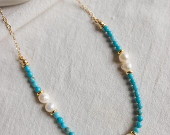 Handmade Turquoise and Pearl Beaded Necklace: Coastal Boho Jewelry