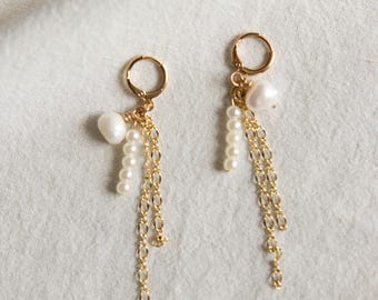 Pendientes colgantes de perla de oro hechos a mano: joyería chapada en oro de 18 quilates