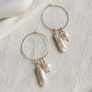 Gold Hoop Earrings: Genuine Baroque Pearl Dangles, Boho Chic