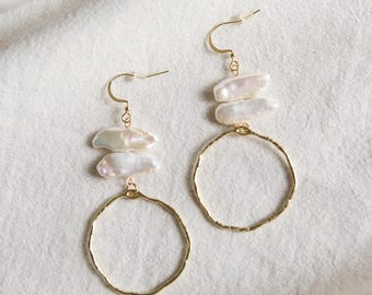 Handmade Gold Hoop Earrings: Natural Freshwater Pearl Dangles