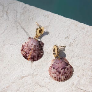 以下が含まれることがあります： 貝殻のイヤリング。各イヤリングは、紫と茶色の自然な貝殻のペンダントが特徴で、金色のスタッドから吊り下げられています。イヤリングは、ターコイズの背景を持つ明るい色の表面に表示されています。