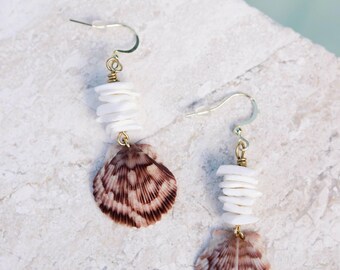 Seashell Dangle Earrings: White Puka Shells, 18k Gold Plated - Beach Jewelry