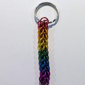 Könnte beinhalten: Ein Regenbogenfarbener Ketten-Schlüsselanhänger mit einem silbernen Schlüsselring.