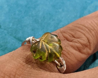 Czech Pressed Glass Leaf Wire Wrapped Ring