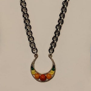 Wire wrapped natural Stone pendant on chainmail necklace