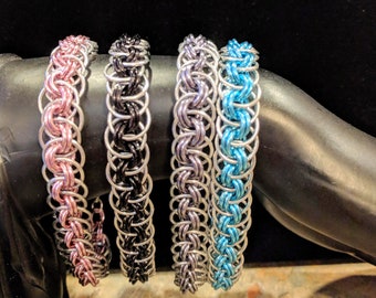 Viper weave chainmail bracelets. Handmade from anodized aluminum rings.