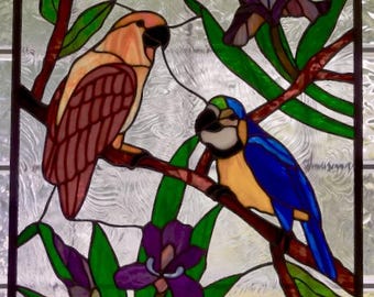 Parrots With Irises Stained Glass