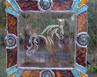 Beveled Horse with American Indian Decor Stained Glass