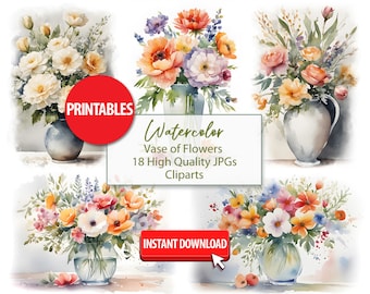 Aquarellblumen in Vase Clipart – 18 JPGs, Kommerzielle Nutzung (Digitaler Download)