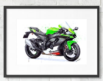 Watercolor Kawasaki Ninja ZX10R motorcycle, giclee art print, awesome gift for a motorcyclist - oryginal artwork by Vart. Watercolor Kawasaki Ninja ZX10R motorcycle, giclee art print, awesome gift for a motorcyclist - oryginal artwork by Vart.