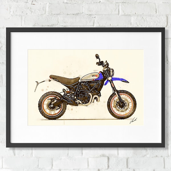 Watercolor Ducati Scrambler DESERT motorcycle, art print poster, awesome gift for a motorcyclist, oryginal artwork by Vart.