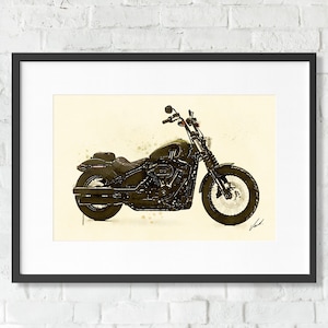 Akwarela przedstawiająca motocykl Harley-Davidson Street Bob, wydruk giclee, niesamowity prezent dla motocyklisty – oryginalna praca Varta.