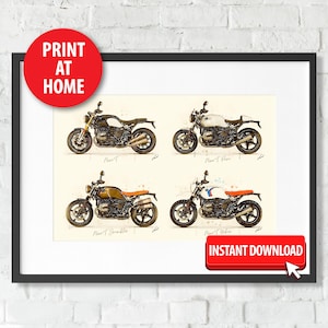 DIGITAL DOWNLOAD Watercolor BMW R NineT motorcycle models, art print poster, awesome gift for a motorcyclist - oryginal artwork by Vart.