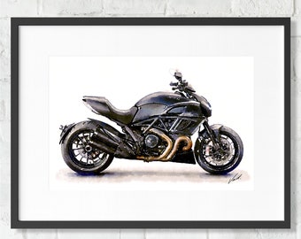 Watercolor Ducati Diavel Dark 2013 motorcycle, art print poster, awesome gift for a motorcyclist - oryginal artwork by Vart.