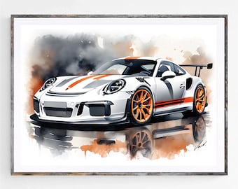Watercolor Porsche 911 GT3 RS art print poster awesome gift for car lover supercar sport car art work oryginal artwork by Vart