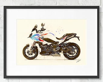 May include: A watercolour illustration of a BMW motorcycle in white and black. The motorcycle has blue, red and white accents. The motorcycle is viewed from the side.