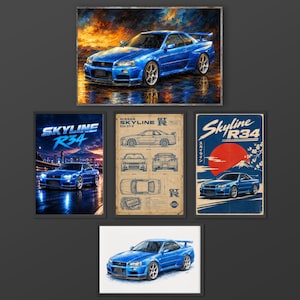 以下が含まれることがあります： 青い日産スカイラインR34を描いた5枚のポスターコレクション。印象派の絵画、夜の都会の風景、テキスト付きの技術設計図、日本風のグラフィック、そして白い背景のイラストが含まれています。