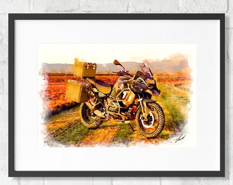 Watercolor BMW R1250GS ADVENTURE BLACK motorcycle, art print poster, awesome gift for a motorcyclist - oryginal artwork by Vart.