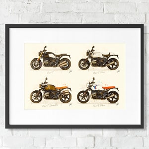 Watercolor BMW R NineT motorcycle models, art print poster, awesome gift for a motorcyclist - oryginal artwork by Vart.