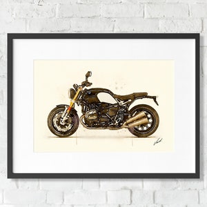 Watercolor BMW R NineT motorcycle, art print poster, awesome gift for a motorcyclist - oryginal artwork by Vart.
