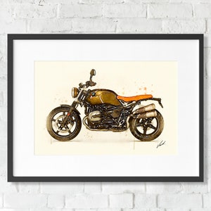 Watercolor BMW R NineT Scrambler motorcycle, art print poster, awesome gift for a motorcyclist - oryginal artwork by Vart.