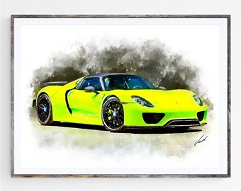 Watercolor Porsche 918 Spyder, art print poster, awesome gift for the car lover - oryginal artwork by Vart