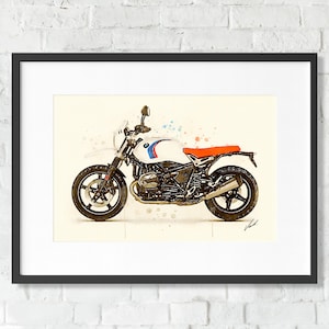 Watercolor BMW R NineT Urban motorcycle, art print poster, awesome gift for a motorcyclist - oryginal artwork by Vart.