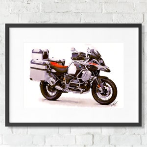 Watercolor BMW R1250GS ADVENTURE motorcycle with trunks, art print poster, awesome gift for a motorcyclist - oryginal artwork by Vart.