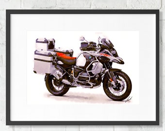 Watercolor BMW R1250GS ADVENTURE motorcycle with trunks, art print poster, awesome gift for a motorcyclist - oryginal artwork by Vart.