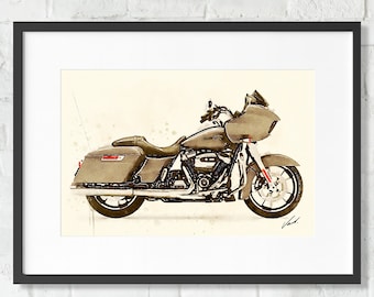 Puede incluir: Una ilustración de acuarela de una motocicleta marrón con un asiento negro y un escape negro y cromado. La motocicleta tiene un parabrisas grande y un guardabarros delantero cromado. El fondo es de color beige claro con algunas salpicaduras de pintura.