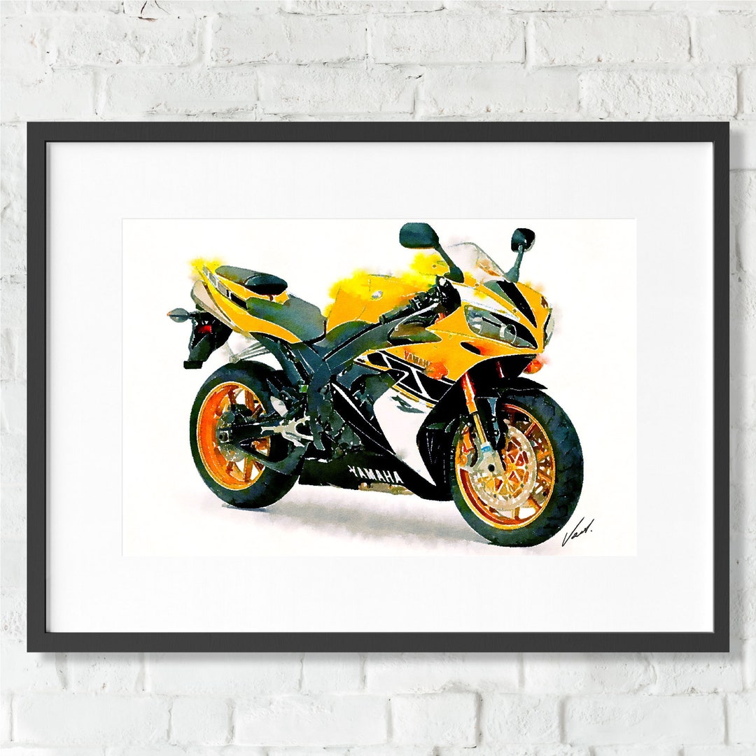 Yamaha R1 Yellow Motorcycle Art Print Poster Best Gift Motorbike