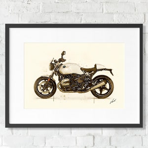 Watercolor BMW R NineT Pure motorcycle, art print poster, awesome gift for a motorcyclist - oryginal artwork by Vart.