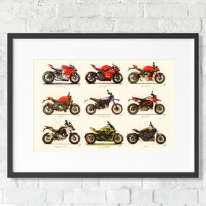 Watercolor Ducati models motorcycle, art print poster, awesome gift for a motorcyclist, oryginal artwork by Vart.