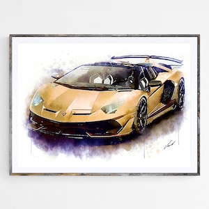 Watercolor Lamborghini Aventador, art print poster, awesome gift for the car lover - oryginal artwork by Vart