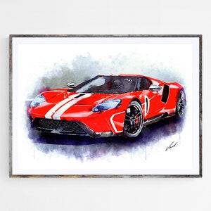 Watercolor Ford GT, art print poster, awesome gift for the car lover - oryginal artwork by Vart