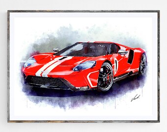 Watercolor Ford GT, art print poster, awesome gift for the car lover - oryginal artwork by Vart