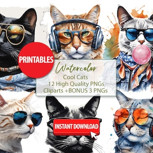 Cool Cats Cliparts 18 High Quality PNG Instant Digital Download Printables Card Making Mixed Media Digital Paper Craft Cat Clipart