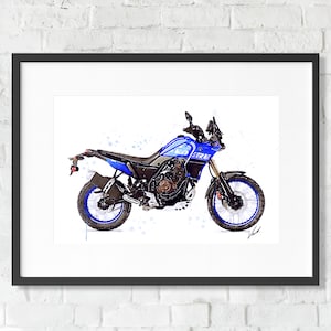 Watercolor Yamaha Tenere 700 blue motorcycle, giclee art print, awesome gift for a motorcyclist - oryginal artwork by Vart.