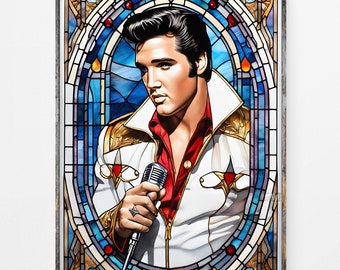 May include: A stained glass window design featuring a portrait of Elvis Presley holding a microphone. The image is set against a blue and purple background with gold accents.