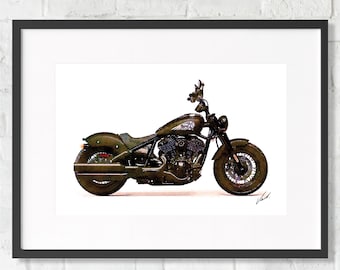 Watercolor Indian Motorcycle Chief Bobber Dark Horse by Vart - motorcycle gift motorbike poster art print