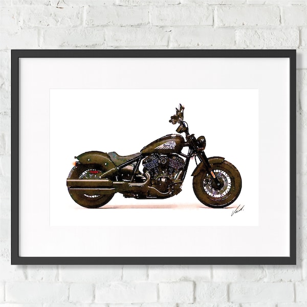 Watercolor Indian Motorcycle Chief Bobber Dark Horse by Vart - motorcycle gift motorbike poster art print