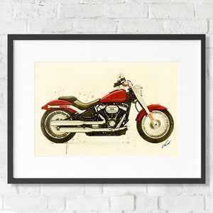 Watercolor Harley-Davidson FATBOY RED motorcycle, giclee art print, awesome gift for a motorcyclist - oryginal artwork by Vart.